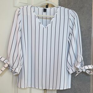 Black and White Striped V-Neck Blouse -SHEIN